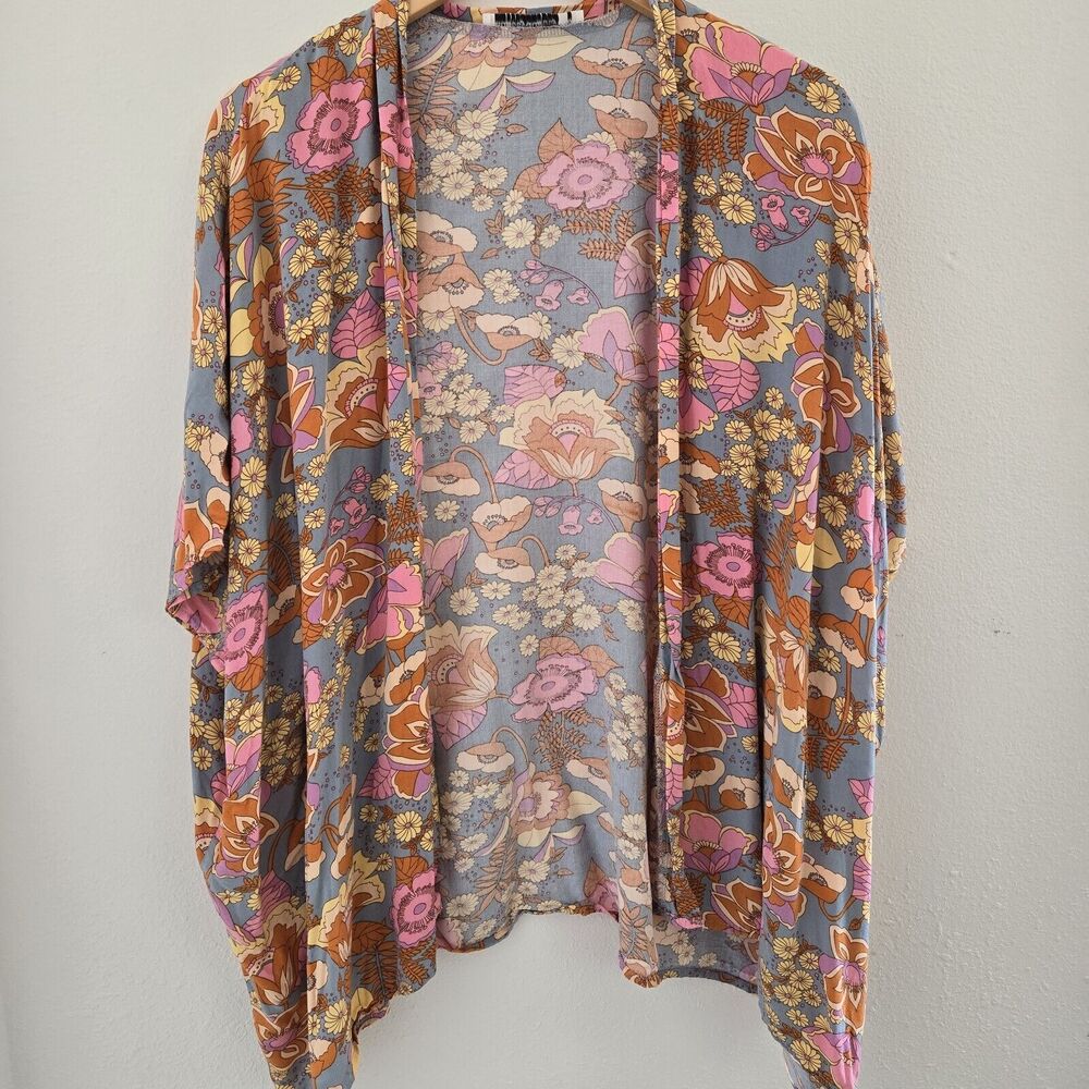 Rusttydustty Kimono Women’s Multicolor Floral 70s Boho Open Front Size Small